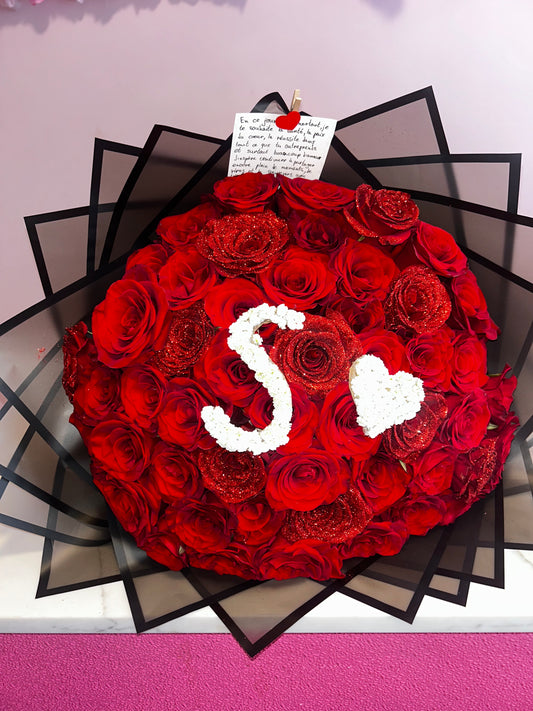 50 Red Roses with Glitter & Letter