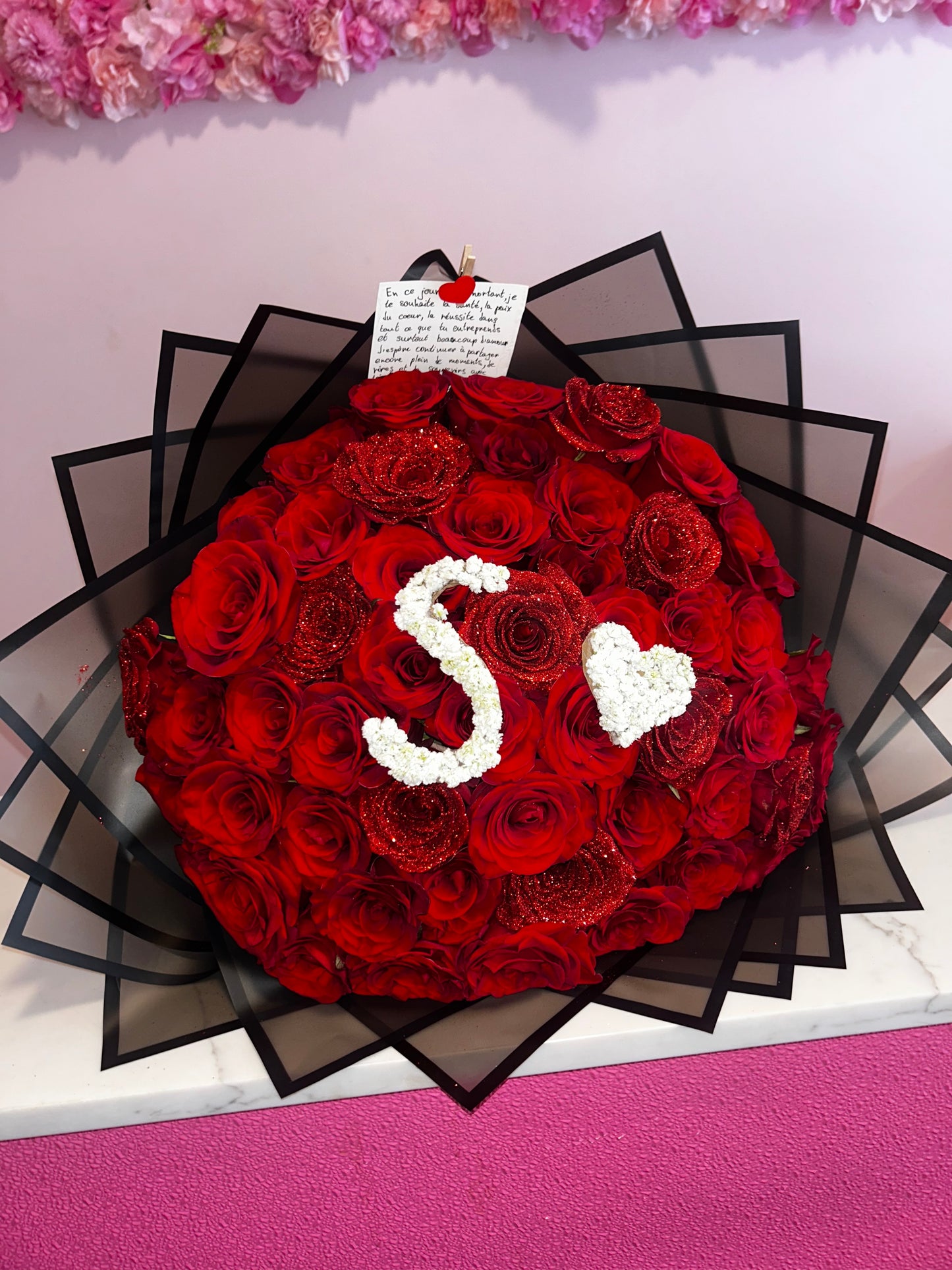 50 Red Roses with Glitter & Letter